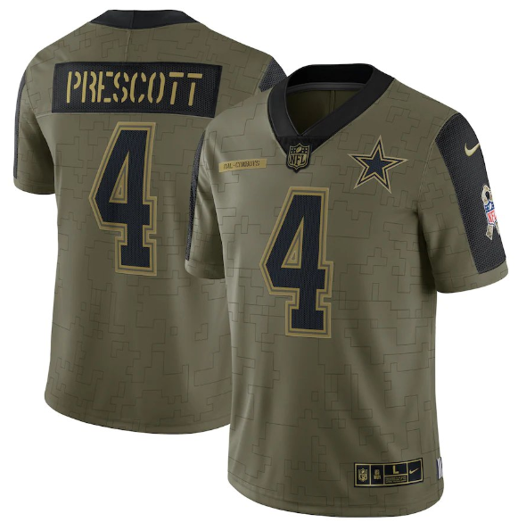 Men's Dallas Cowboys #4 Dak Prescott 2021 Olive Salute To Service Limited Stitched Jersey